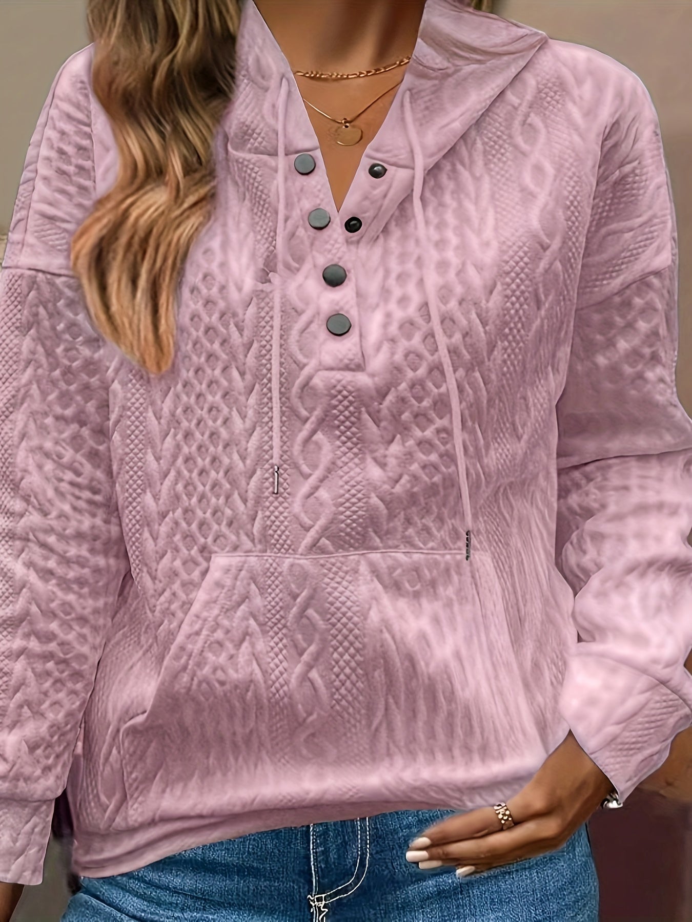 Women's Elegant Pullover Hoodie, Polyester Knit with Cable Pattern, Regular Length, Button Detail, Casual Sweatshirt for Fall/Winter Season